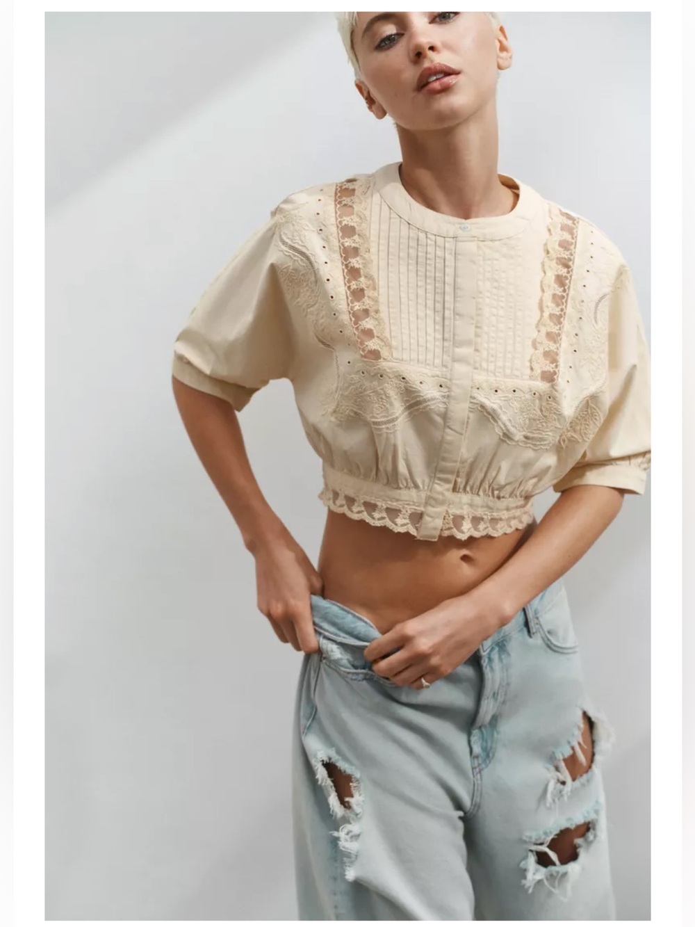 Zara embroidered crop top with lace detail